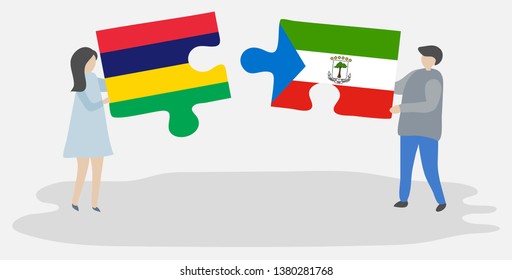 Couple holding two puzzles pieces with Mauritian and Equatorial Guinean flags. Mauritius and Equatorial Guinea national symbols together.