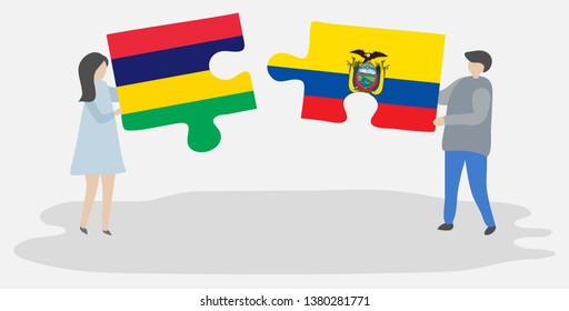Couple holding two puzzles pieces with Mauritian and Ecuadorian flags. Mauritius and Ecuador national symbols together.