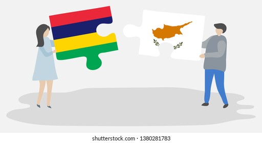 Couple holding two puzzles pieces with Mauritian and Cypriot flags. Mauritius and Cyprus national symbols together.
