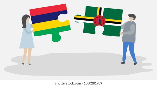 Couple holding two puzzles pieces with Mauritian and Dominican flags. Mauritius and Dominica national symbols together.