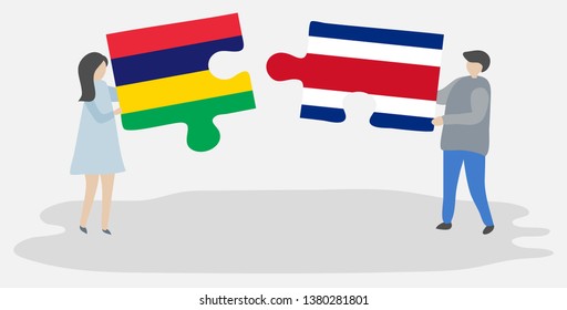 Couple holding two puzzles pieces with Mauritian and Costa Rican flags. Mauritius and Costa Rica national symbols together.