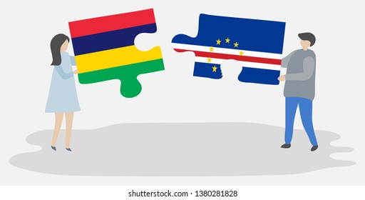 Couple holding two puzzles pieces with Mauritian and Cabo Verdean flags. Mauritius and Cape Verde national symbols together.
