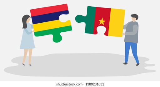Couple holding two puzzles pieces with Mauritian and Cameroonian flags. Mauritius and Cameroon national symbols together.