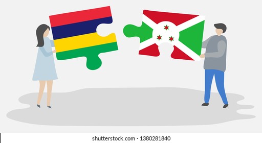 Couple holding two puzzles pieces with Mauritian and Burundian flags. Mauritius and Burundi national symbols together.