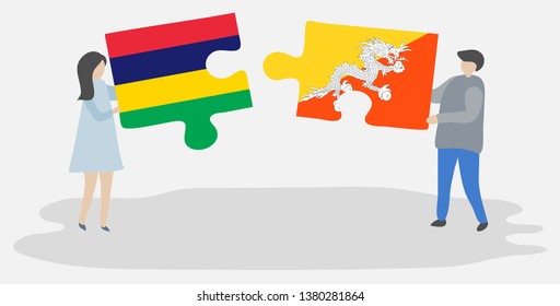 Couple holding two puzzles pieces with Mauritian and Bhutanese flags. Mauritius and Bhutan national symbols together.