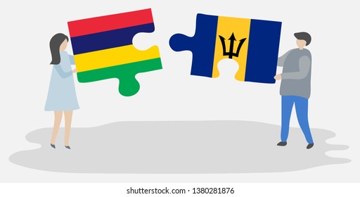 Couple holding two puzzles pieces with Mauritian and Barbadian flags. Mauritius and Barbados national symbols together.
