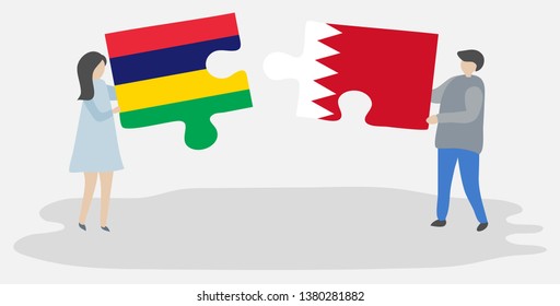 Couple holding two puzzles pieces with Mauritian and Bahraini flags. Mauritius and Bahrain national symbols together.