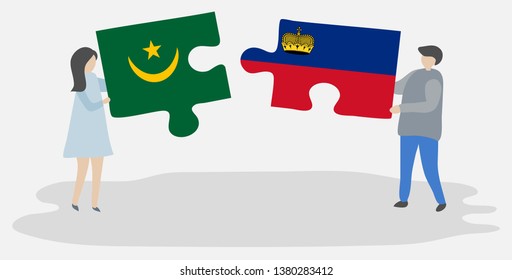 Couple holding two puzzles pieces with Mauritanian and Liechtenstein flags. Mauritania and Liechtenstein national symbols together.