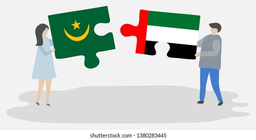 Couple holding two puzzles pieces with Mauritanian and Emirian flags. Mauritania and United Arab Emirates national symbols together.