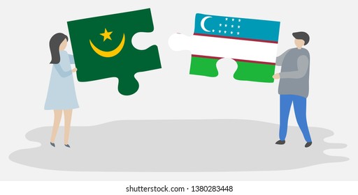 Couple holding two puzzles pieces with Mauritanian and Uzbek flags. Mauritania and Uzbekistan national symbols together.