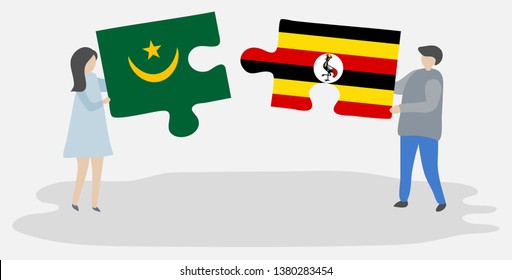 Couple holding two puzzles pieces with Mauritanian and Ugandan flags. Mauritania and Uganda national symbols together.