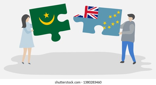 Couple holding two puzzles pieces with Mauritanian and Tuvaluan flags. Mauritania and Tuvalu national symbols together.
