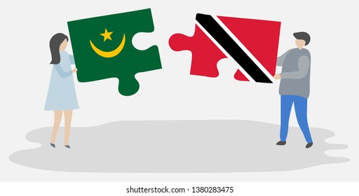 Couple holding two puzzles pieces with Mauritanian and Trinidadian flags. Mauritania and Trinidad and Tobago national symbols together.