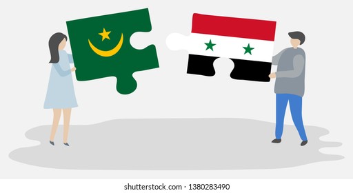 Couple holding two puzzles pieces with Mauritanian and Syrian flags. Mauritania and Syria national symbols together.