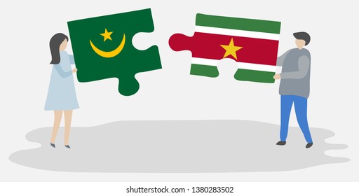 Couple holding two puzzles pieces with Mauritanian and Surinamese flags. Mauritania and Suriname national symbols together.