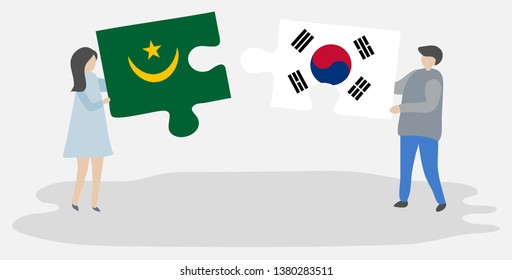 Couple holding two puzzles pieces with Mauritanian and South Korean flags. Mauritania and South Korea national symbols together.