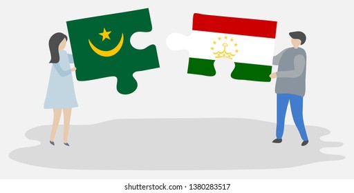 Couple holding two puzzles pieces with Mauritanian and Tajikistani flags. Mauritania and Tajikistan national symbols together.