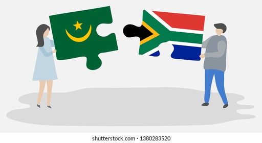 Couple holding two puzzles pieces with Mauritanian and South African flags. Mauritania and South Africa national symbols together.