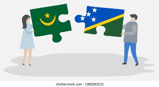 Couple holding two puzzles pieces with Mauritanian and Solomon Island flags. Mauritania and Solomon Islands national symbols together.