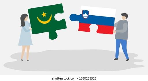 Couple holding two puzzles pieces with Mauritanian and Slovenian flags. Mauritania and Slovenia national symbols together.