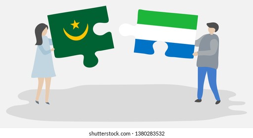 Couple holding two puzzles pieces with Mauritanian and Sierra Leonean flags. Mauritania and Sierra Leone national symbols together.