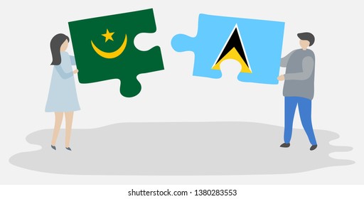 Couple holding two puzzles pieces with Mauritanian and Saint Lucian flags. Mauritania and Saint Lucia national symbols together.