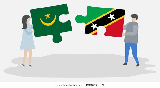 Couple holding two puzzles pieces with Mauritanian and Kittitian flags. Mauritania and Saint Kitts and Nevis national symbols together.