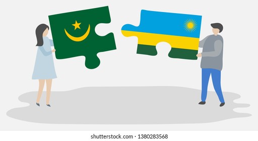 Couple holding two puzzles pieces with Mauritanian and Rwandan flags. Mauritania and Rwanda national symbols together.