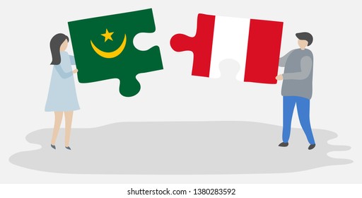 Couple holding two puzzles pieces with Mauritanian and Peruvian flags. Mauritania and Peru national symbols together.