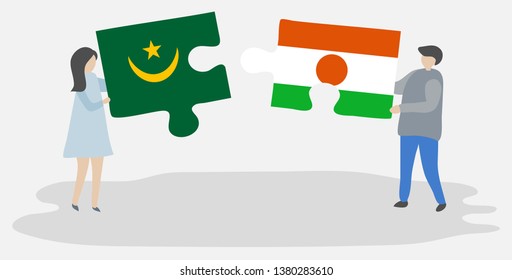 Couple holding two puzzles pieces with Mauritanian and Nigerien flags. Mauritania and Niger national symbols together.