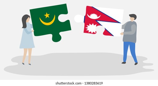 Couple holding two puzzles pieces with Mauritanian and Nepalese flags. Mauritania and Nepal national symbols together.