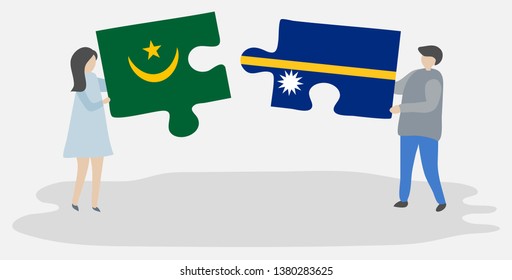 Couple holding two puzzles pieces with Mauritanian and Nauruan flags. Mauritania and Nauru national symbols together.