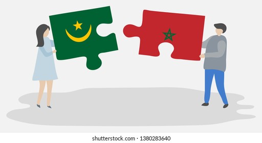 Couple holding two puzzles pieces with Mauritanian and Moroccan flags. Mauritania and Morocco national symbols together.