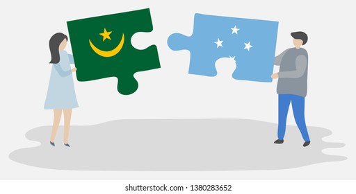 Couple holding two puzzles pieces with Mauritanian and Micronesian flags. Mauritania and Micronesia national symbols together.