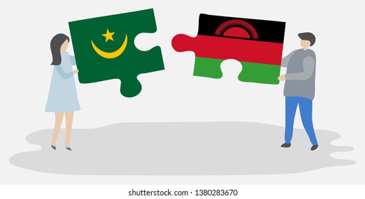 Couple holding two puzzles pieces with Mauritanian and Malawian flags. Mauritania and Malawi national symbols together.