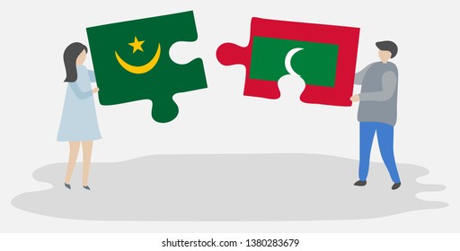Couple holding two puzzles pieces with Mauritanian and Maldivian flags. Mauritania and Maldives national symbols together.