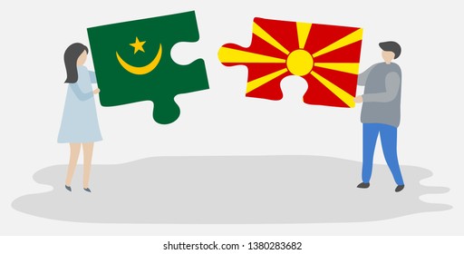 Couple holding two puzzles pieces with Mauritanian and Macedonian flags. Mauritania and Macedonia national symbols together.