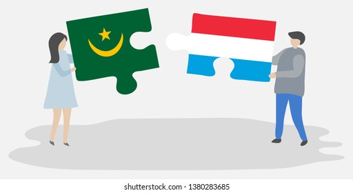 Couple holding two puzzles pieces with Mauritanian and Luxembourgish flags. Mauritania and Luxembourg national symbols together.