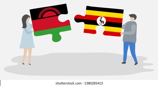 Couple holding two puzzles pieces with Malawian and Ugandan flags. Malawi and Uganda national symbols together.