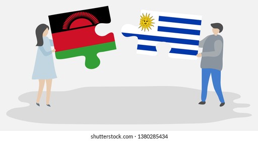 Couple holding two puzzles pieces with Malawian and Uruguayan flags. Malawi and Uruguay national symbols together.