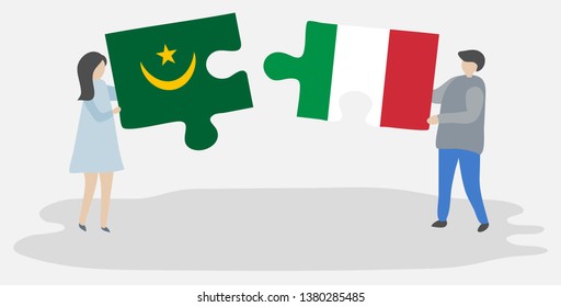 Couple holding two puzzles pieces with Mauritanian and Italian flags. Mauritania and Italy national symbols together.