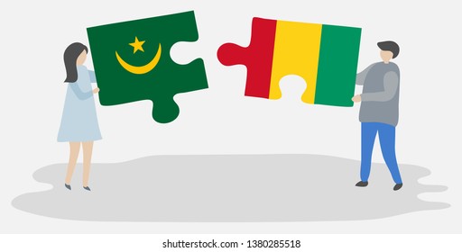 Couple holding two puzzles pieces with Mauritanian and Guinean flags. Mauritania and Guinea national symbols together.