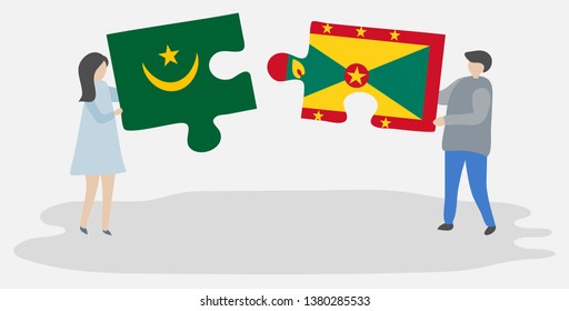 Couple holding two puzzles pieces with Mauritanian and Grenadian flags. Mauritania and Grenada national symbols together.