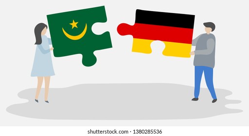 Couple holding two puzzles pieces with Mauritanian and German flags. Mauritania and Germany national symbols together.