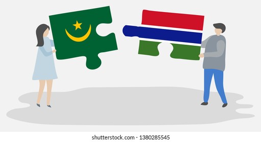 Couple holding two puzzles pieces with Mauritanian and Gambian flags. Mauritania and Gambia national symbols together.