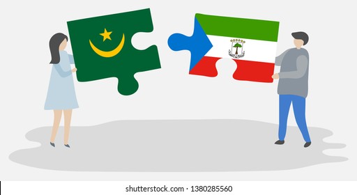 Couple holding two puzzles pieces with Mauritanian and Equatorial Guinean flags. Mauritania and Equatorial Guinea national symbols together.