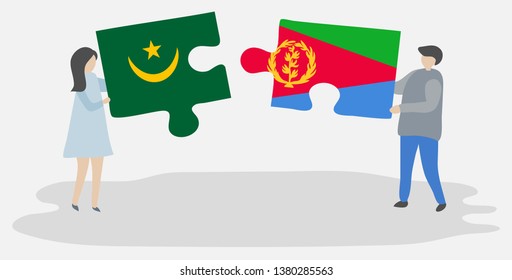 Couple holding two puzzles pieces with Mauritanian and Eritrean flags. Mauritania and Eritrea national symbols together.