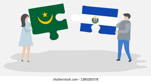 Couple holding two puzzles pieces with Mauritanian and Salvadoran flags. Mauritania and El Salvador national symbols together.