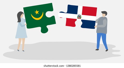 Couple holding two puzzles pieces with Mauritanian and Dominican flags. Mauritania and Dominican Republic national symbols together.