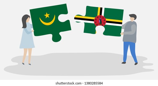 Couple holding two puzzles pieces with Mauritanian and Dominican flags. Mauritania and Dominica national symbols together.